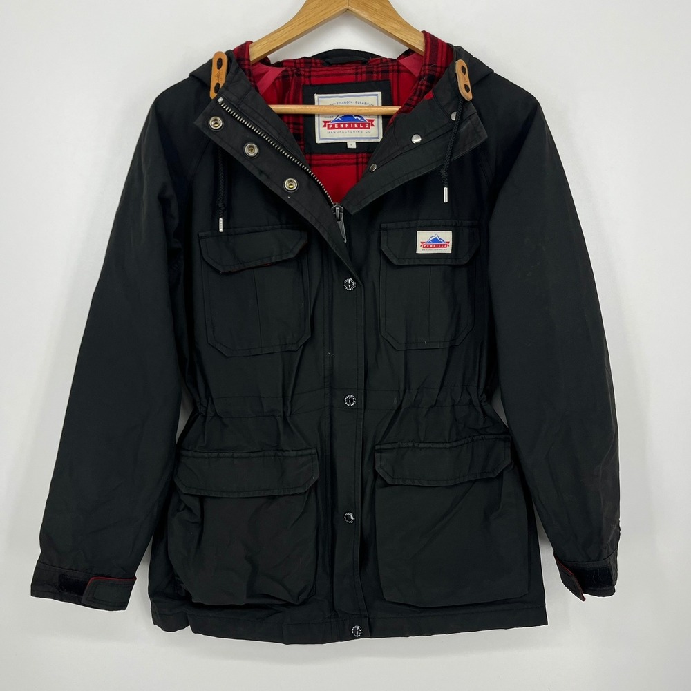 Penfield Womens Black 60/40 Field Jacket Plaid Lined Hooded Utility Coat Small